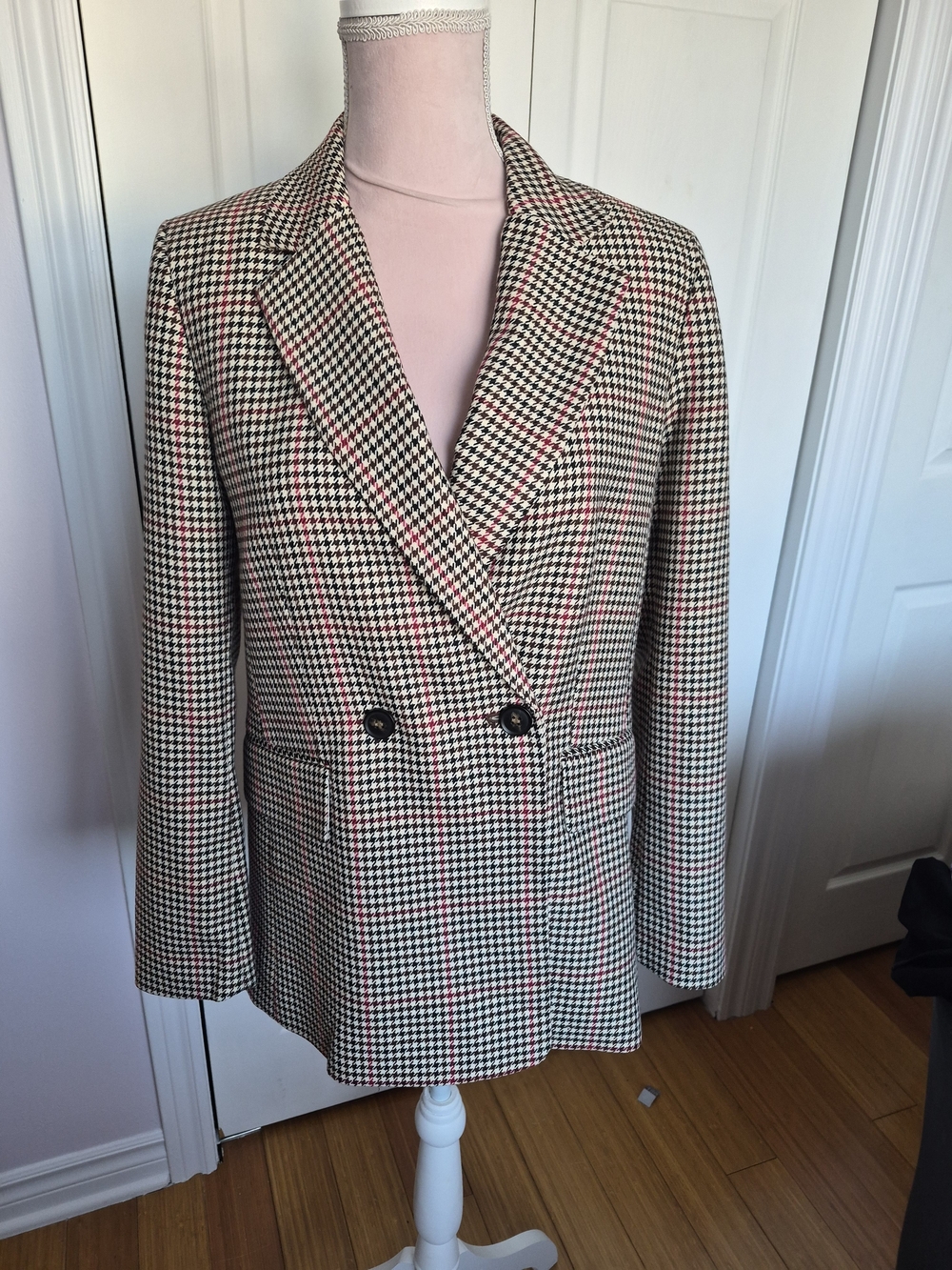 H&M Checked Double-Breasted Blazer in Black, White & Pink sz 6